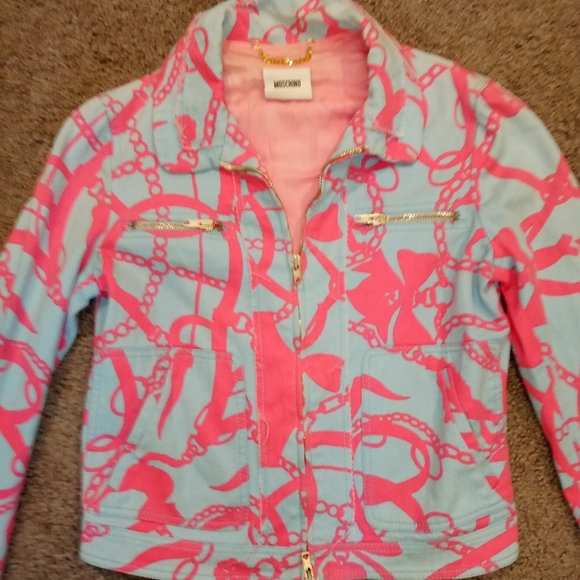 Moschino Vintage Women's Blue Pink Hearts Bows Chain Cotton Shirt Zip Jacket Y2K - Picture 4 of 9